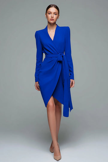 V-Neck Pencil Short Royal Blue Work Dress with Sash